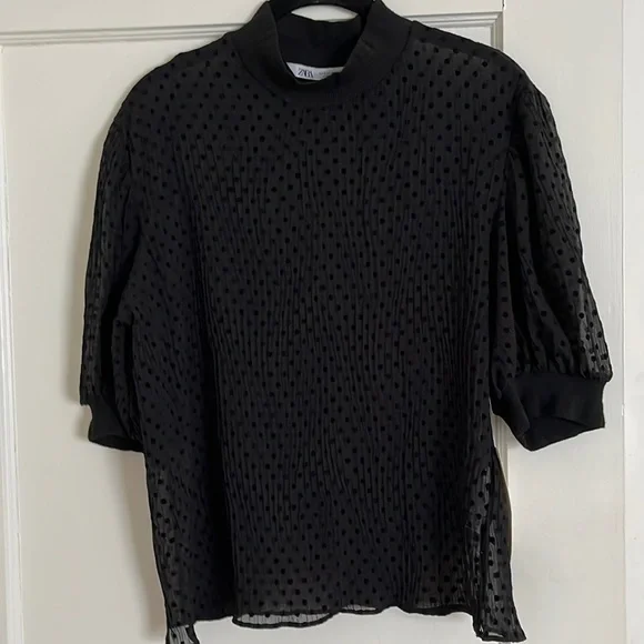 Zara sheer black polka dot short sleeve blouse, NWT, size S - Picture 1 of 8
